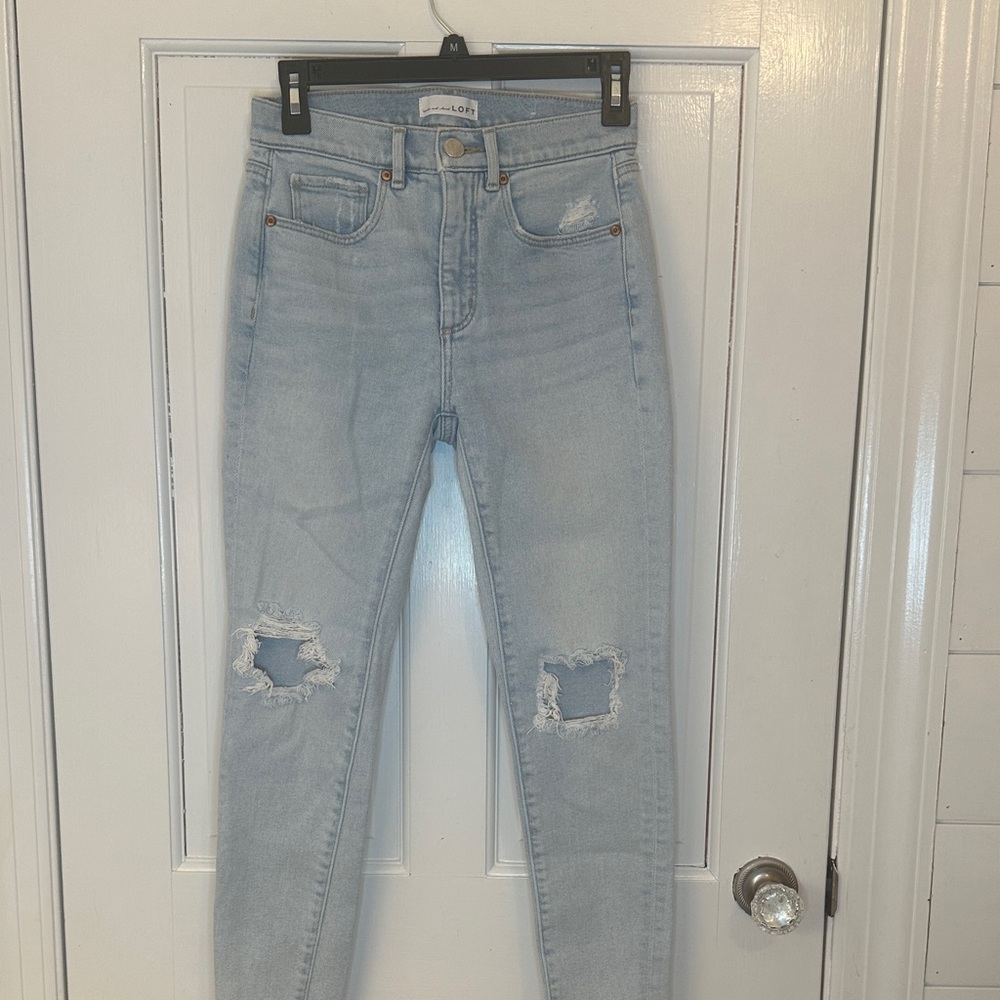 LOFT Light Blue Ripped High Waist Skinny Ankle Jeans size 25 EUC